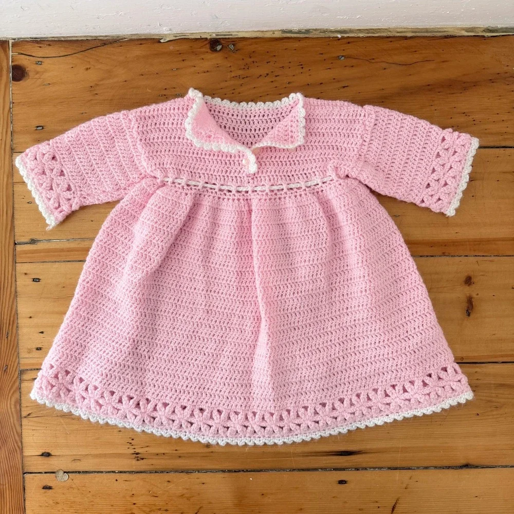 Vintage Handmade Crochet Dress 12-18M Pink White Trim Coquette Bow Pearl Button